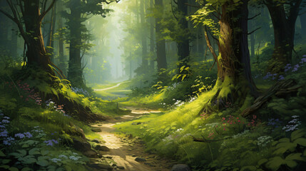 A beautiful painting depicting a path winding through