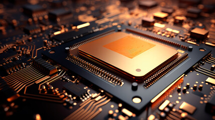 High tech electronic circuit board with golden chip.