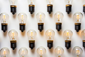Many light bulbs are lined up flat on white background. Light bulbs repeated pattern backdrop.