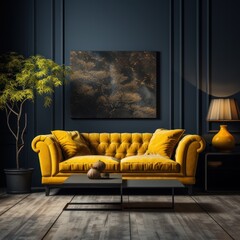 Interior of modern living room with yellow sofa. Elegant Luxury Interior of Living Room of a Rich House.