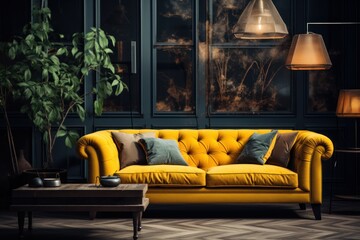 Interior of modern living room with yellow sofa. Elegant Luxury Interior of Living Room of a Rich House.