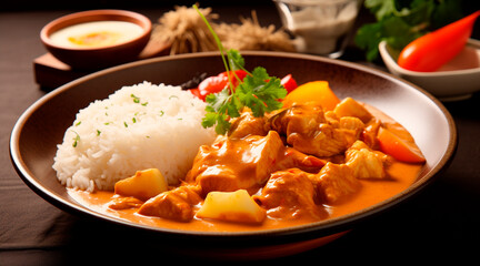 Japanese cruise, chicken curry rice, delicious dish made with chicken fillet, vegetables and rice, delicious and tempting, light color background, soft light. healthy food, healthy body