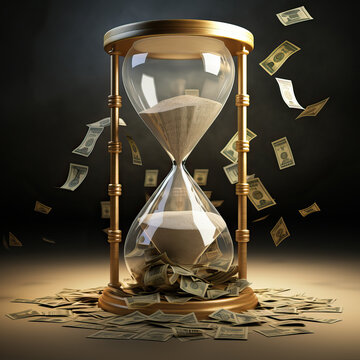 Time is Money Concept. Currency Sands of Time: Money Swirling within the Hourglass Vortex