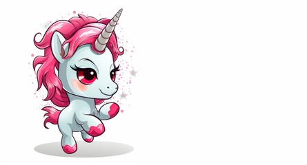 cute illustration cartoon of a happy unicorn with pink hair dancing, copy space for text, birthday card