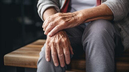 60 years old woman sitting with her wrinkled hands. Close-up - obrazy, fototapety, plakaty