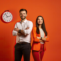 Time is money concept. Business man and woman standing in front of clock. Studio photography shot,...