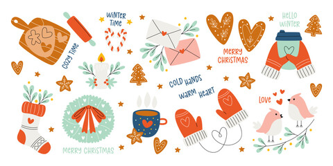 Romantic winter accessories set for greeting, walking and spending cozy time vector illustration