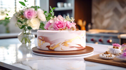 A white and pink cake sitting on top of a counter