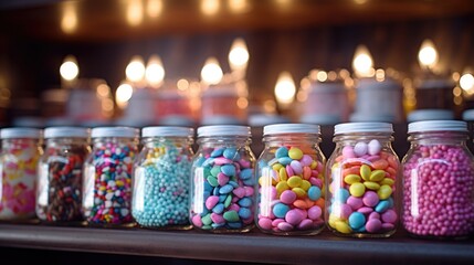A row of glass jars filled with candy