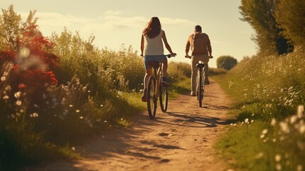 A couple of people riding bikes down a dirt road - obrazy, fototapety, plakaty