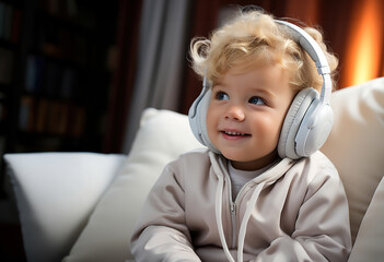 A young child wearing headphones and making a funny face.