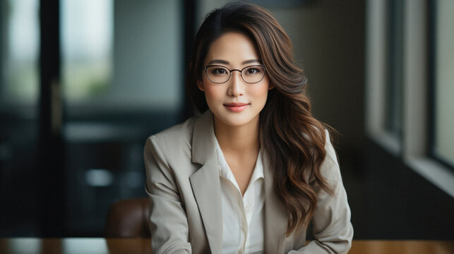 Portrait of beautiful asian businesswoman wearing eyeglasses in office.