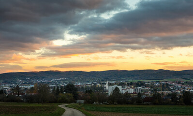 Evening clouds over city of Mattersburg, Burgenland, Austria.