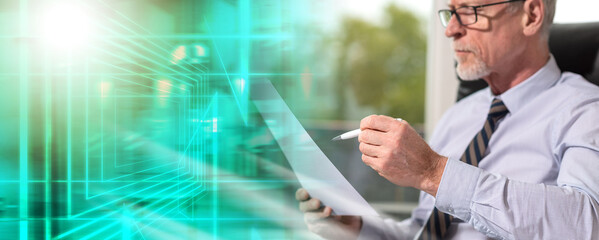 Portrait of mature businessman checking a document; multiple exposure