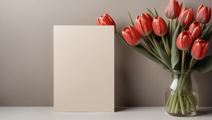 Blank, beige greeting card, wish next to bouquet of red tulips, Mother's Day holiday.