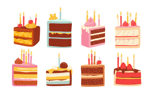 Slices of birthday cakes with burning candles, sweet piece of festive pastry isolated set on white
