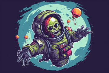 A zombie astronaut with Brains in Space professional t-shirt design Halloween theme AI Generated