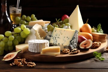 elegant cheese platter with figs, nuts, and grapes on wooden board