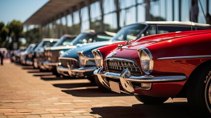 Vintage classic cars lined up at a show - obrazy, fototapety, plakaty