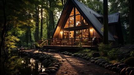 A wooden cabin nestled in the midst of a lush summer - obrazy, fototapety, plakaty