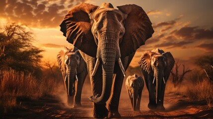 A group of elephants in the savanna during sunset
