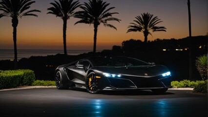 Luxurious sportscar at night on driveway with palms in background. Extremely detailed and realistic high resolution illustration