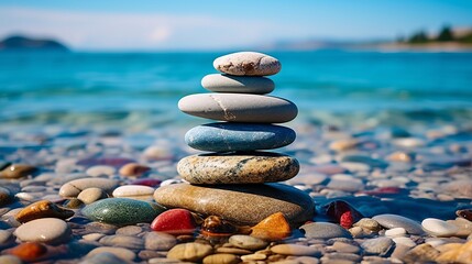 Fototapeta na wymiar A stack of Zen stones on a picturesque beach symbol