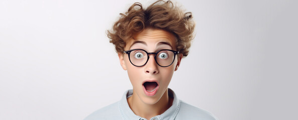 Portrait of teen boy with a surprised facial expression. Isolated on white background. 