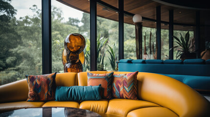 Modern Couch in Tulum House, Detailed Round Family Room