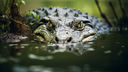 A close up photograph of an alligator in the water.