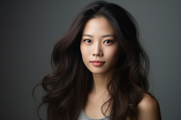 Fototapeta premium Portrait of beautiful asian woman with long hair on gray background.