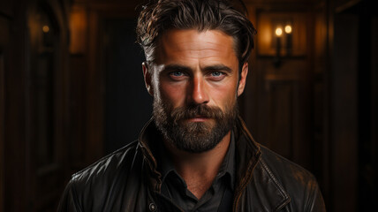 handsome bearded man in leather jacket and mustache with long beard in stylish jacket with serious face