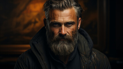 Fototapeta premium handsome bearded man in leather jacket and mustache with long beard in stylish jacket with serious face