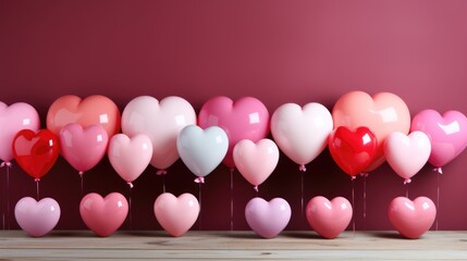 Pink hearts balloons on a pink wall with copy space. Valentine's day concept.