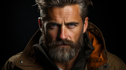 Obraz premium handsome bearded man in leather jacket and mustache with long beard in stylish jacket with serious face