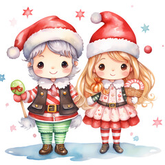 Cute Holly Jolly Boy And Girl Santa Claus Christmas Watercolor Clipart Illustration