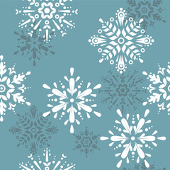 Fototapeta premium Seamless pattern with white snowflakes on blue background. Texture for Christmas banner, wrapping, wallpaper, textile. New Year traditional ornament. Vector Illustration.