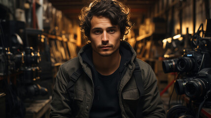 Fototapeta premium portrait of a handsome man in a dark room with a vintage interior in background