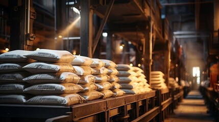 Cement sacks on a conveyor line in a manufacturing - obrazy, fototapety, plakaty