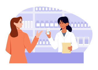 Pharmacy or medical shop concept. Pharmacist and woman client at pharmacy. Medicine healthcare professional vector flat illustration.