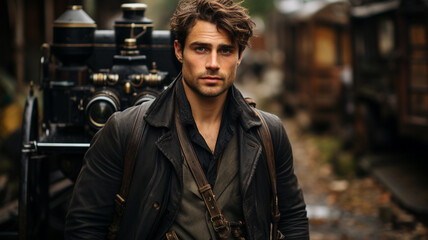 Fototapeta premium portrait of a handsome man in a dark room with a vintage interior in background