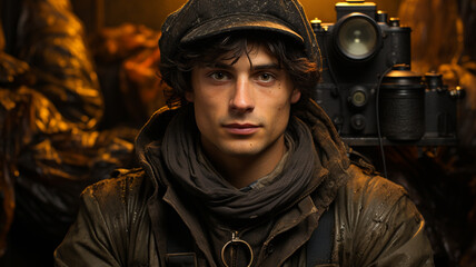 Fototapeta premium portrait of a handsome man in a dark room with a vintage interior in background