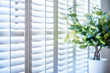 Indoor plants beside white window shutters in daylight