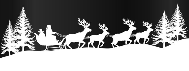 White papercut silhouette of Santa Claus in sleigh with reindeers full of gifts on snowy landscape, snowscape forest winter - Merry christmas greeting card banner - Vector isolated on black background