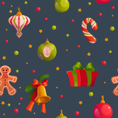 Christmas Seamless Pattern with Gingerbread Man, Candy Cane, Christmas Balls and Present. Seasonal Winter Design. Cute Vector Ilustration in Cartoon Style.