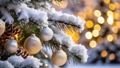Fototapeta na wymiar Holiday Bliss: Close-Up of Snowy Tree Branch and Festive Decor