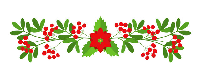 Christmas floral border. Spruce evergreen branch, poinsettia and holly berry