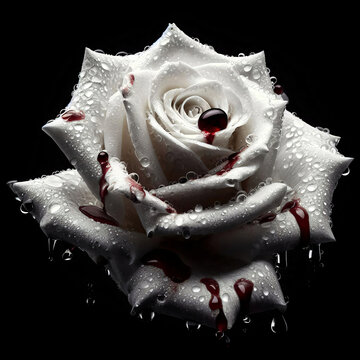 Dewy White Rose with Blood Droplets. A close-up of a white rose covered in dew drops and blood droplets on a black background.
