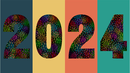 vector Happy new year 2024 with fireworks inside 2024 full color design template. 2024 new year celebration concept.