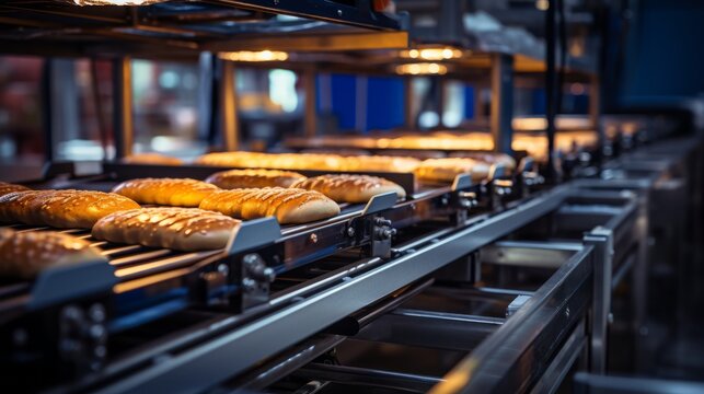 Automated conveyor belt transporting bread in a bake